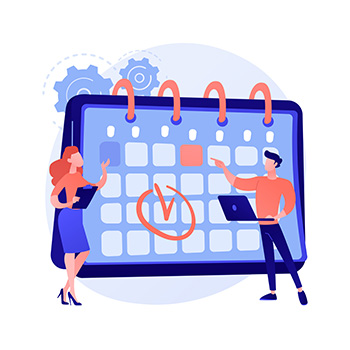Time managementt. Calendar method, appointment planning, business organizer. People drawing mark in work schedule cartoon characters. Colleagues teamwork. Vector isolated concept metaphor illustration